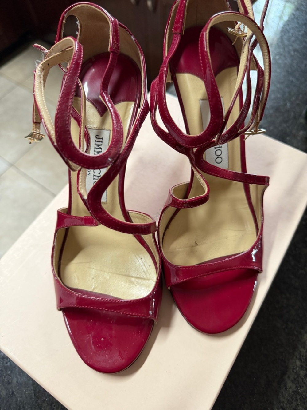 Jimmy Choo Red Patent Leather Strappy Heels